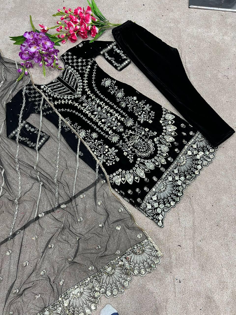 Black Velvet Embroidery Salwar Suit with Dupatta - Indiakreations