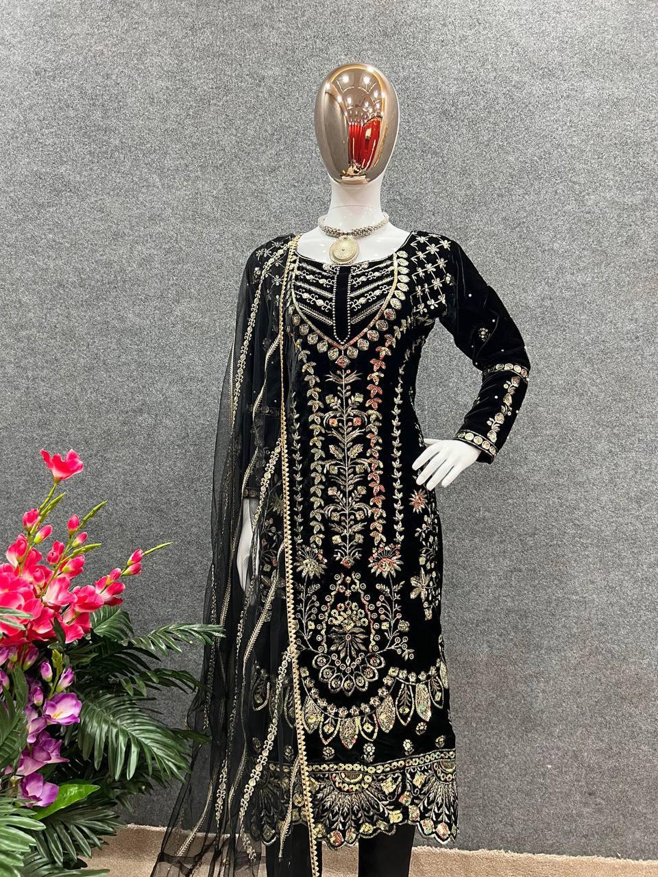 Black Velvet Embroidery Salwar Suit with Dupatta - Indiakreations