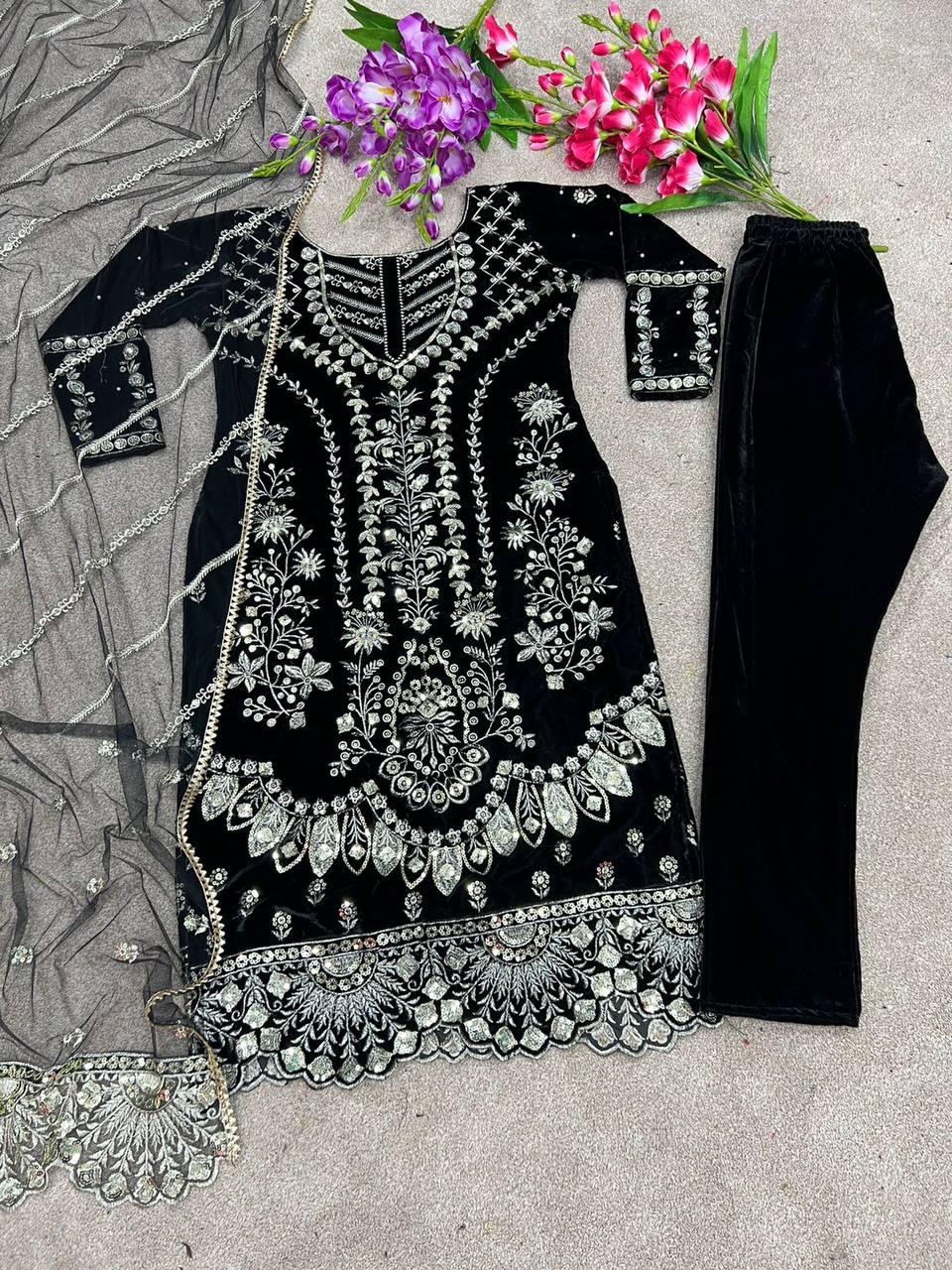 Black Velvet Embroidery Salwar Suit with Dupatta - Indiakreations