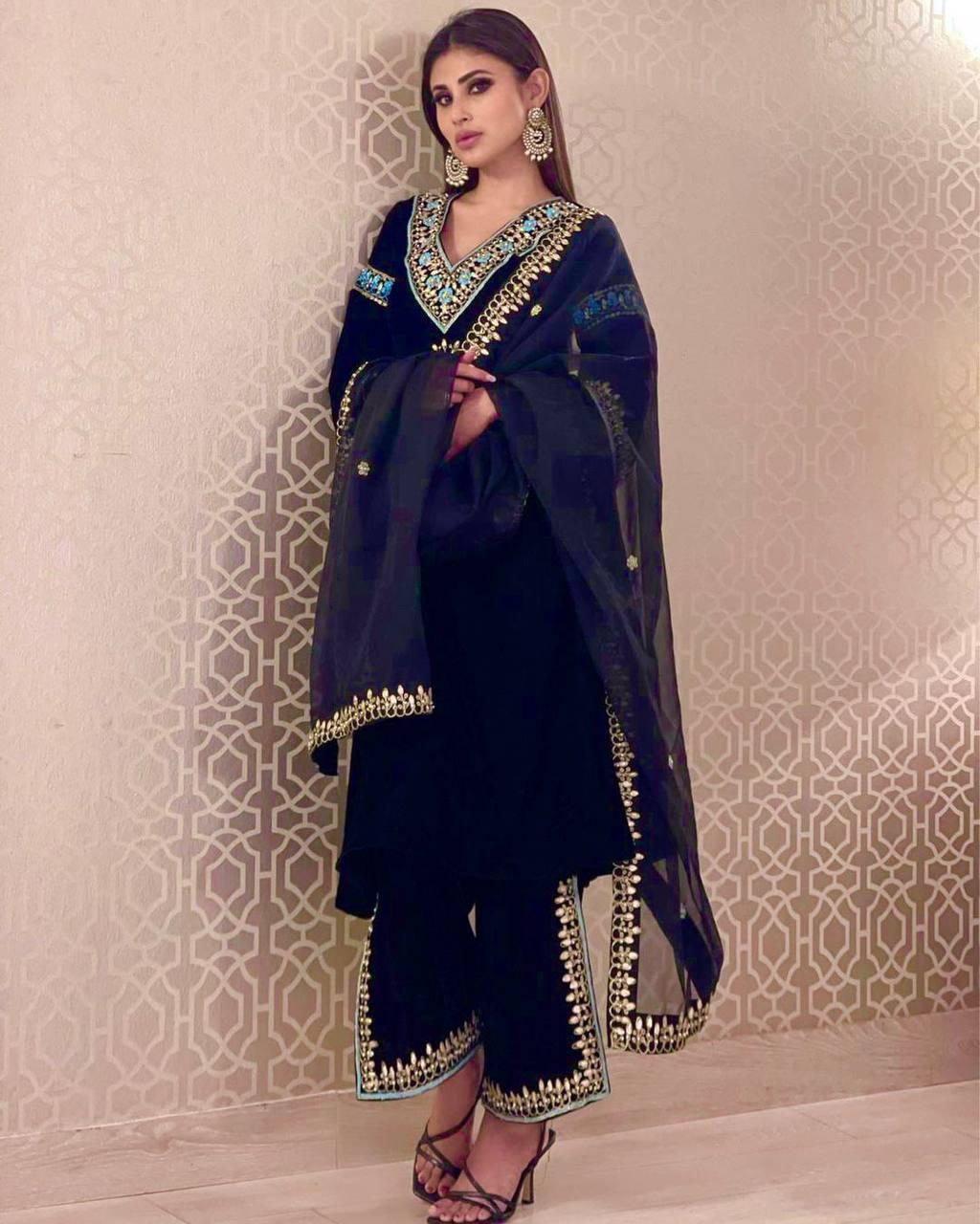 Navy Blue Velvet Embroidery Salwar Suit with Dupatta - Indiakreations