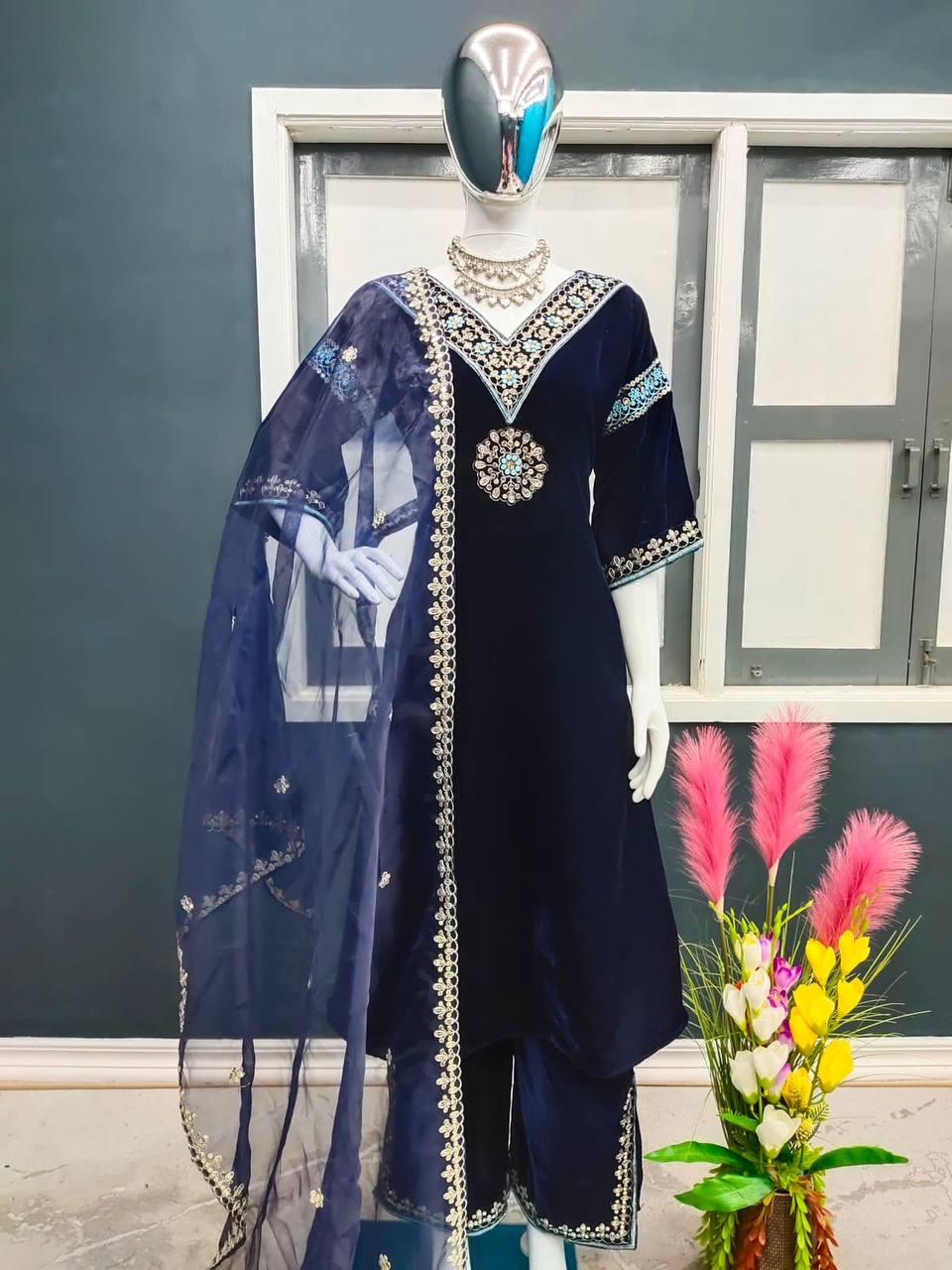 Navy Blue Velvet Embroidery Salwar Suit with Dupatta - Indiakreations