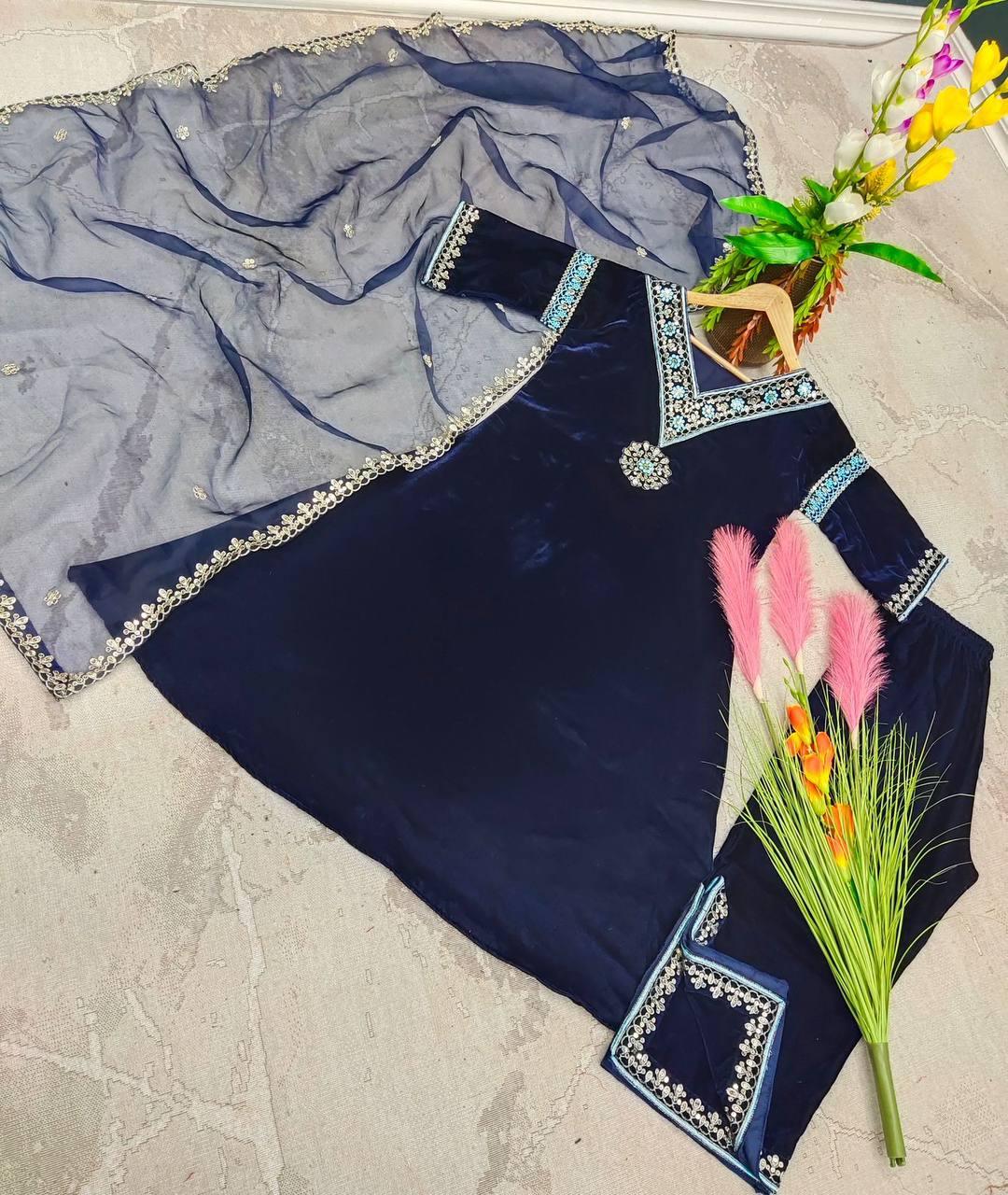 Navy Blue Velvet Embroidery Salwar Suit with Dupatta - Indiakreations