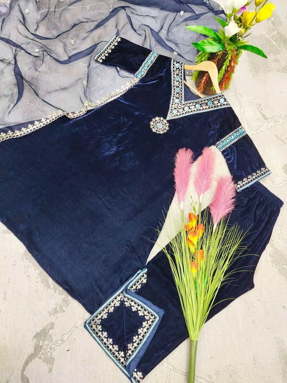 Navy Blue Velvet Embroidery Salwar Suit with Dupatta - Indiakreations