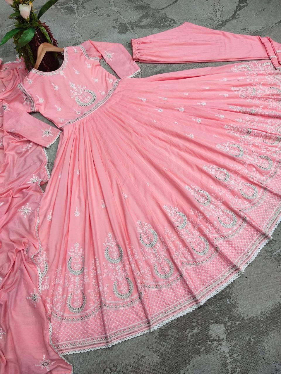 Baby Pink Parampara Silk Embroidery Salwar Suit with Dupatta - Indiakreations