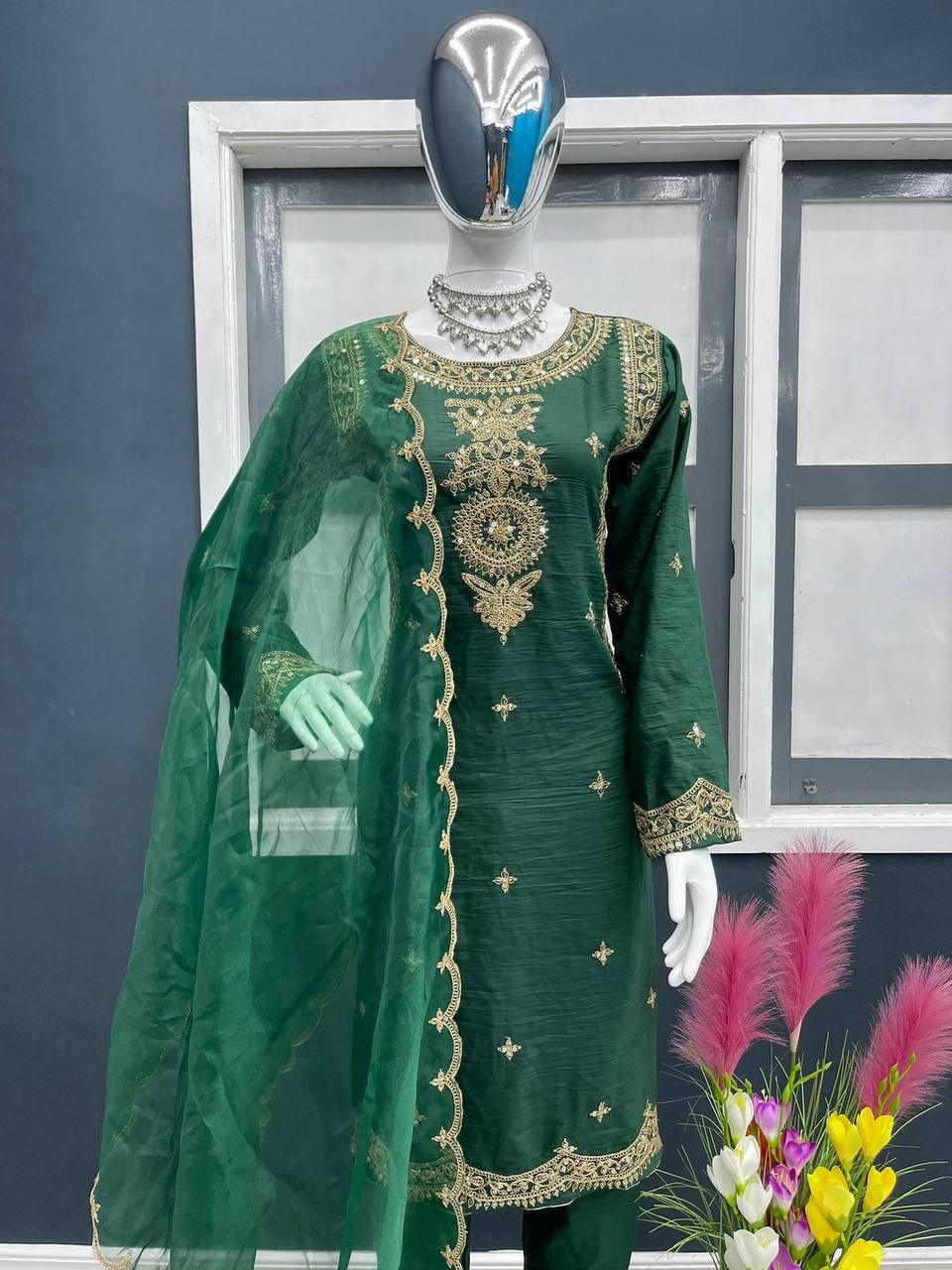 Green Parampara Silk Embroidery Salwar Suit with Dupatta - Indiakreations