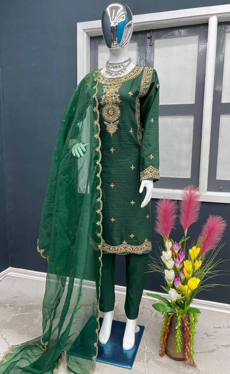 Green Parampara Silk Embroidery Salwar Suit with Dupatta - Indiakreations