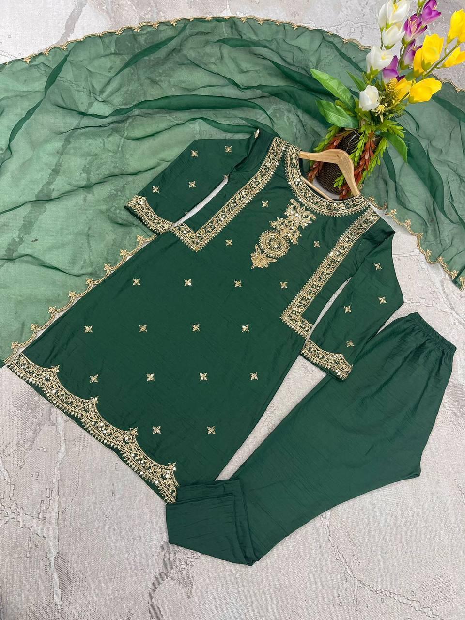 Green Parampara Silk Embroidery Salwar Suit with Dupatta - Indiakreations