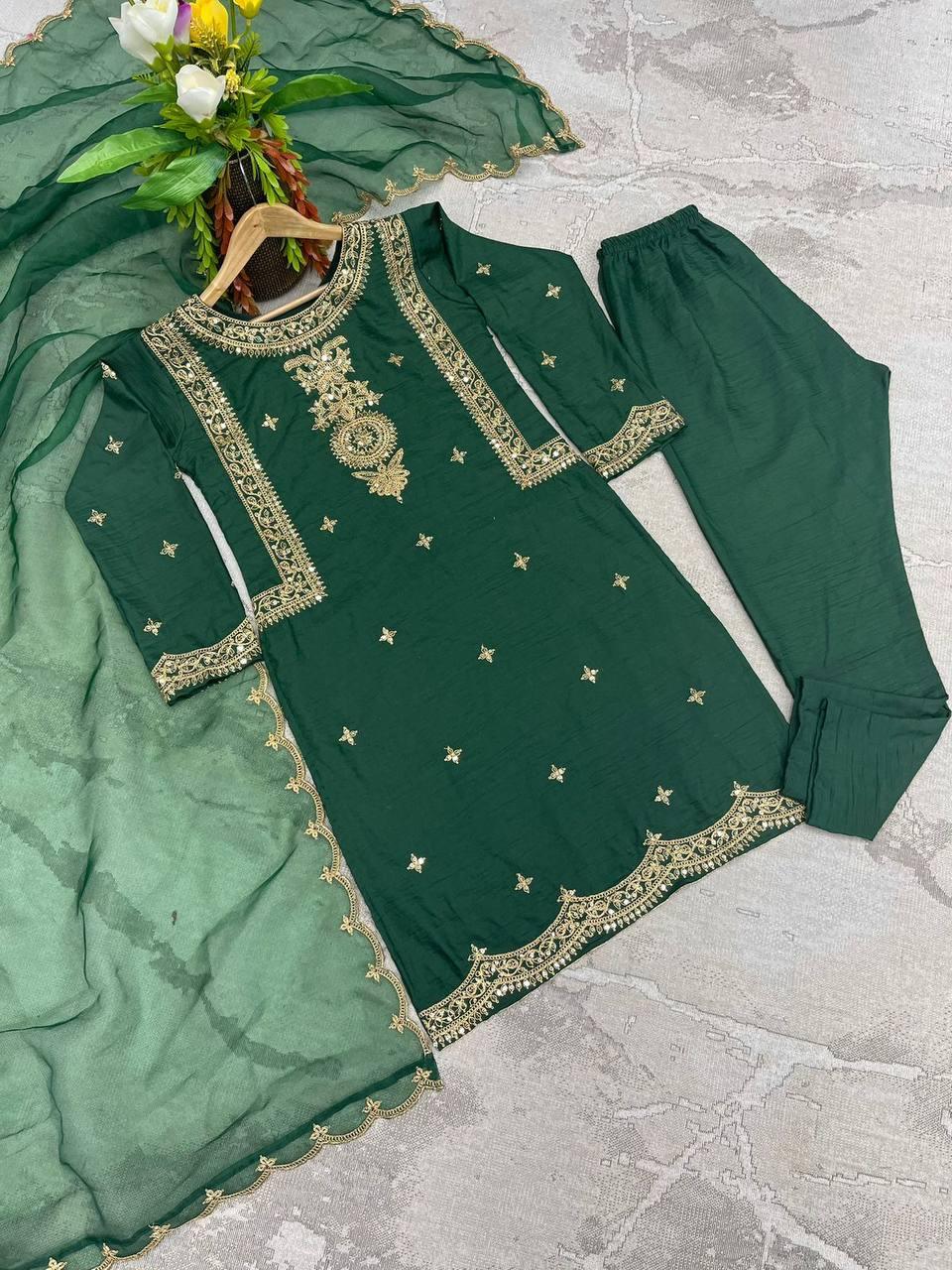 Green Parampara Silk Embroidery Salwar Suit with Dupatta - Indiakreations