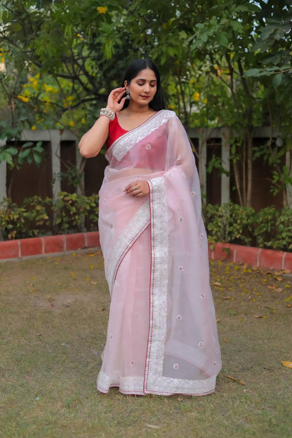 Pale Pink Organza Embroidery Saree - Indiakreations