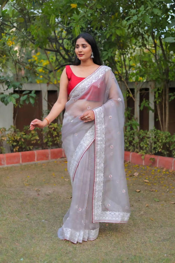 Off White Organza Embroidery Saree - Indiakreations