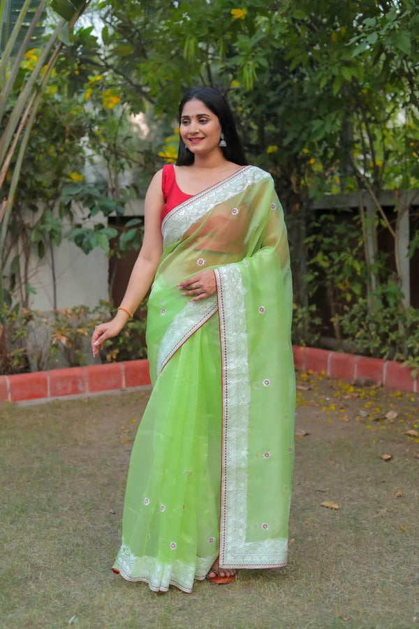 Green Organza Embroidery Saree - Indiakreations