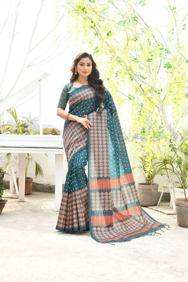 Teal Ethnic Cotton Silk Saree - Indiakreations