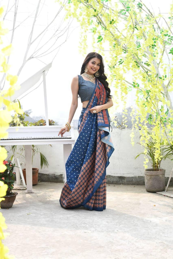 Blue Ethnic Cotton Silk Saree - Indiakreations