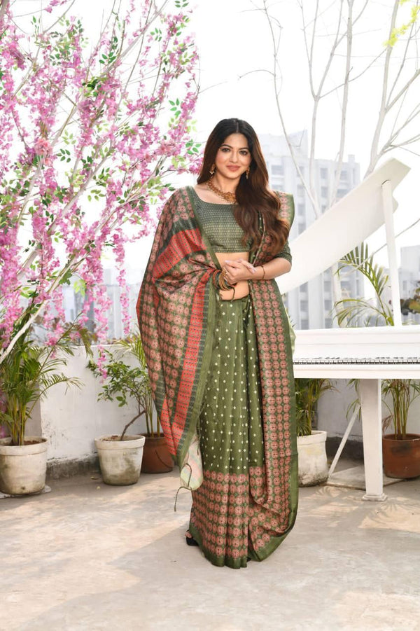 Green Ethnic Cotton Silk Saree - Indiakreations