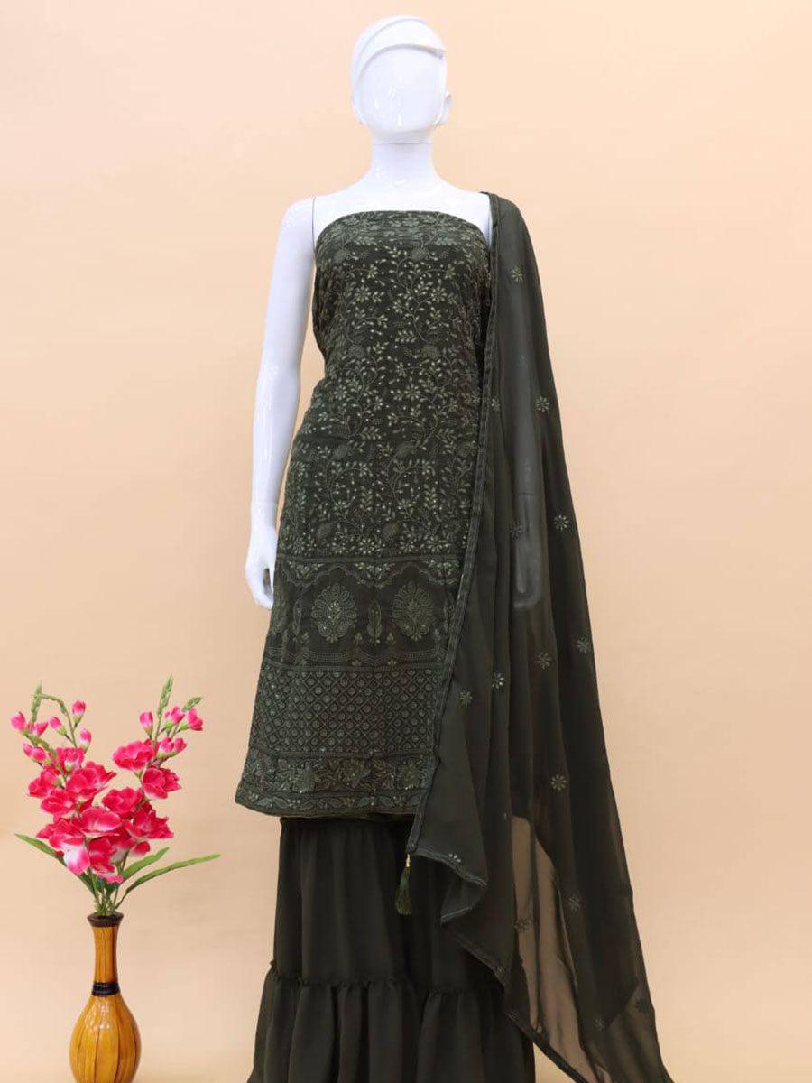 Army Green Georgette Embroidery Anarkali with Dupatta Set - Indiakreations