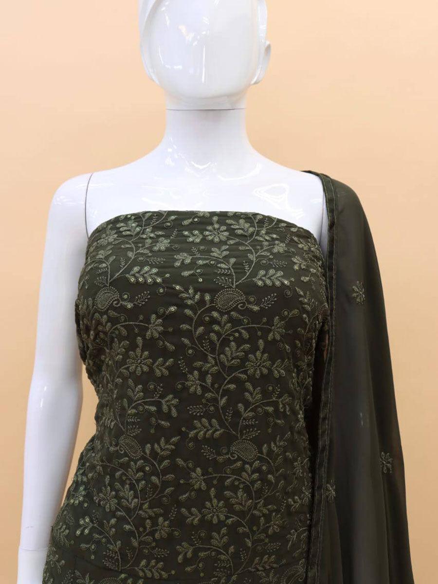 Army Green Georgette Embroidery Anarkali with Dupatta Set - Indiakreations