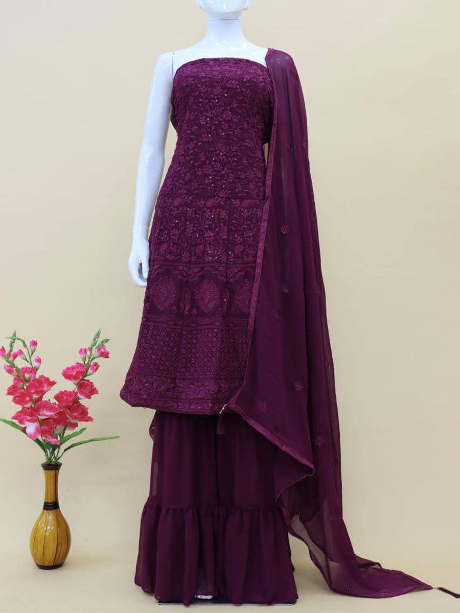 Wine Purple Georgette Embroidery Anarkali with Dupatta Set - Indiakreations