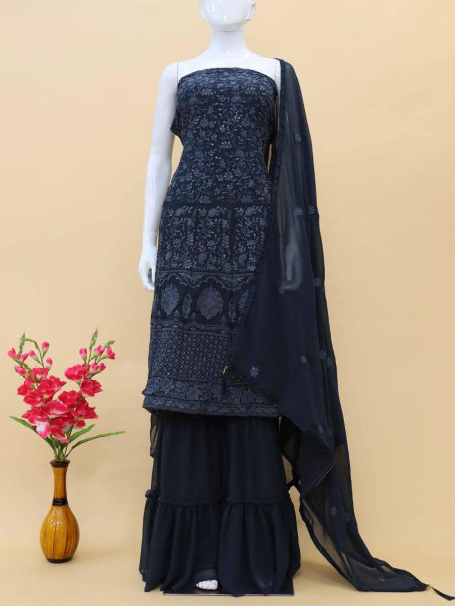 Dark Grey Georgette Embroidery Anarkali with Dupatta Set - Indiakreations