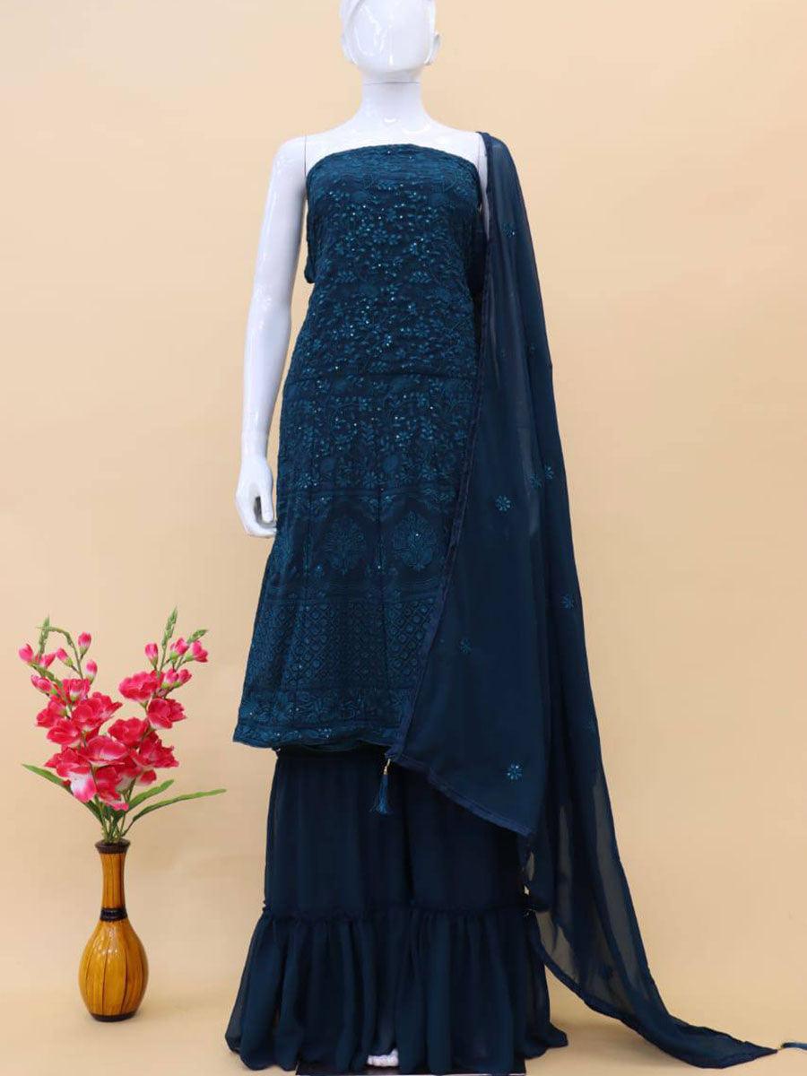 Deep Teal Georgette Embroidery Anarkali with Dupatta Set - Indiakreations