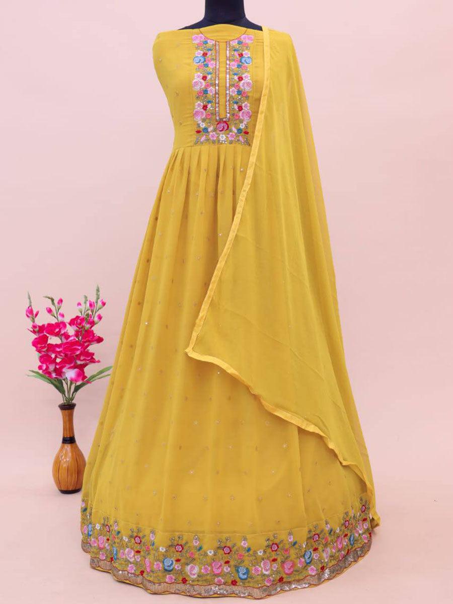 Dijon Yellow Georgette Embroidery Anarkali with Dupatta Set - Indiakreations