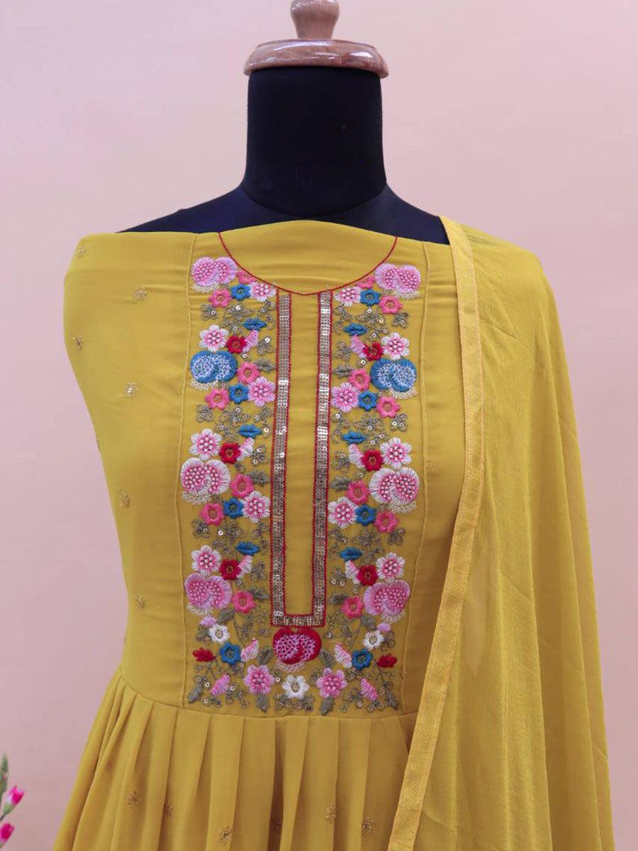 Dijon Yellow Georgette Embroidery Anarkali with Dupatta Set - Indiakreations