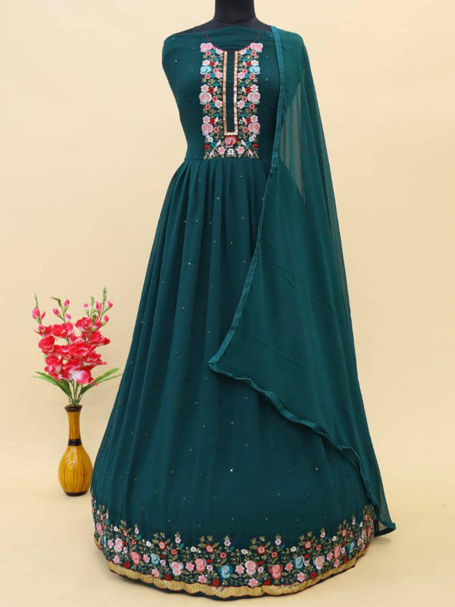 Peacock Green Georgette Embroidery Anarkali with Dupatta Set - Indiakreations