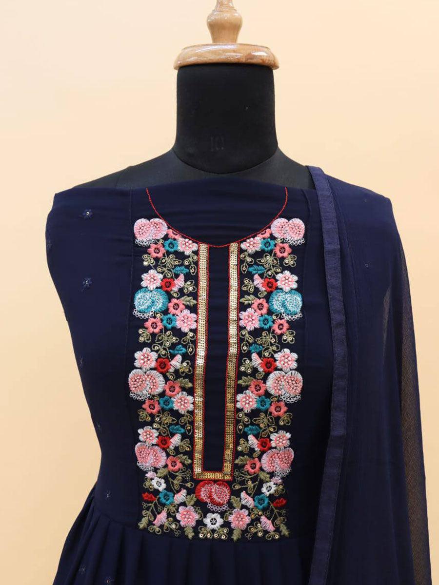 Navy Blue Georgette Embroidery Anarkali with Dupatta Set - Indiakreations