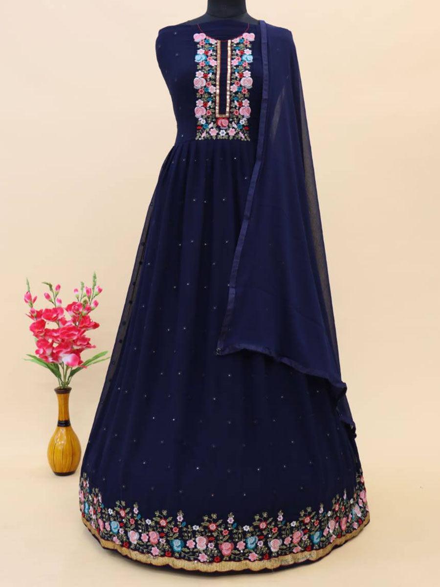 Navy Blue Georgette Embroidery Anarkali with Dupatta Set - Indiakreations