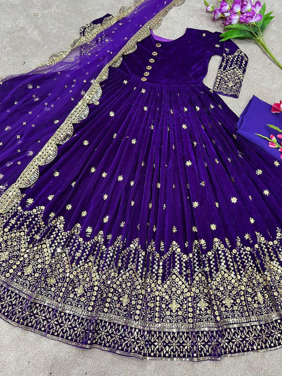 Violet Purple Velvet Embroidery Salwar Suit with Dupatta - Indiakreations