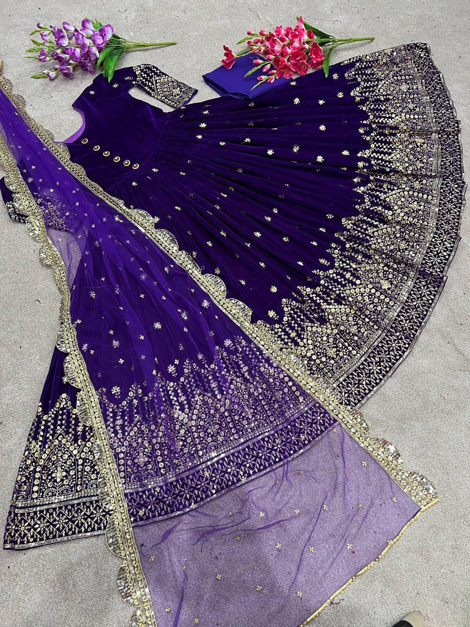 Violet Purple Velvet Embroidery Salwar Suit with Dupatta - Indiakreations