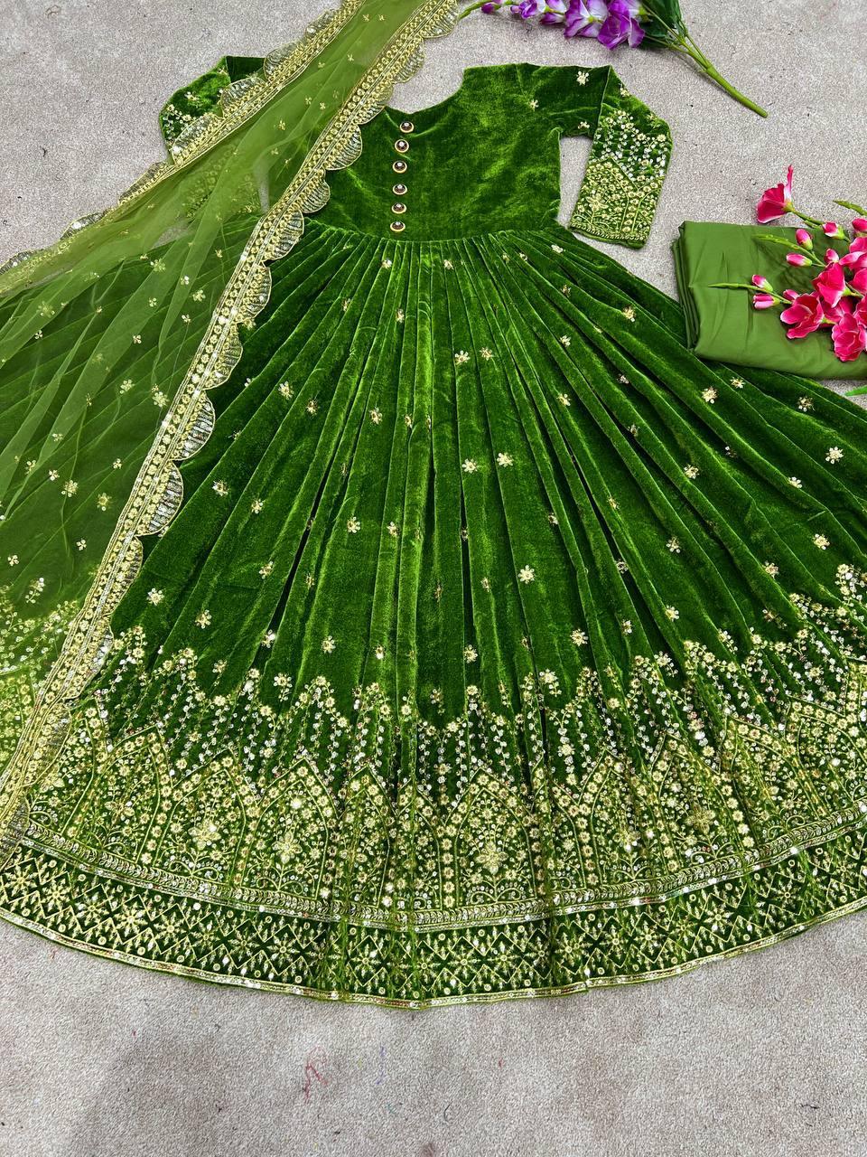 Green Velvet Embroidery Salwar Suit with Dupatta - Indiakreations