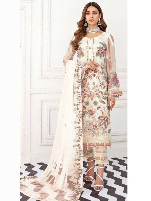 Ivory White Georgette Embroidery Anarkali with Dupatta Set - Indiakreations