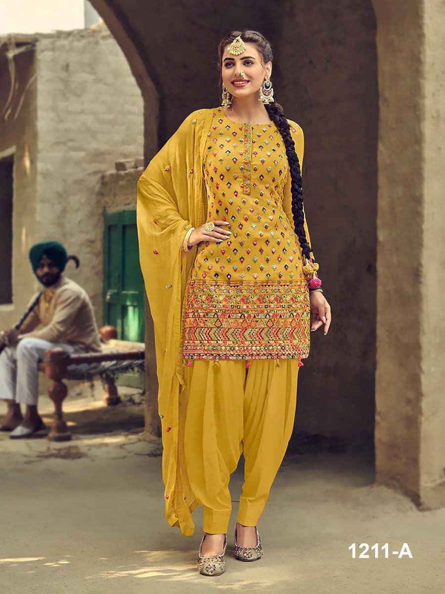 Ochre Yellow Georgette Embroidery Anarkali with Dupatta Set - Indiakreations