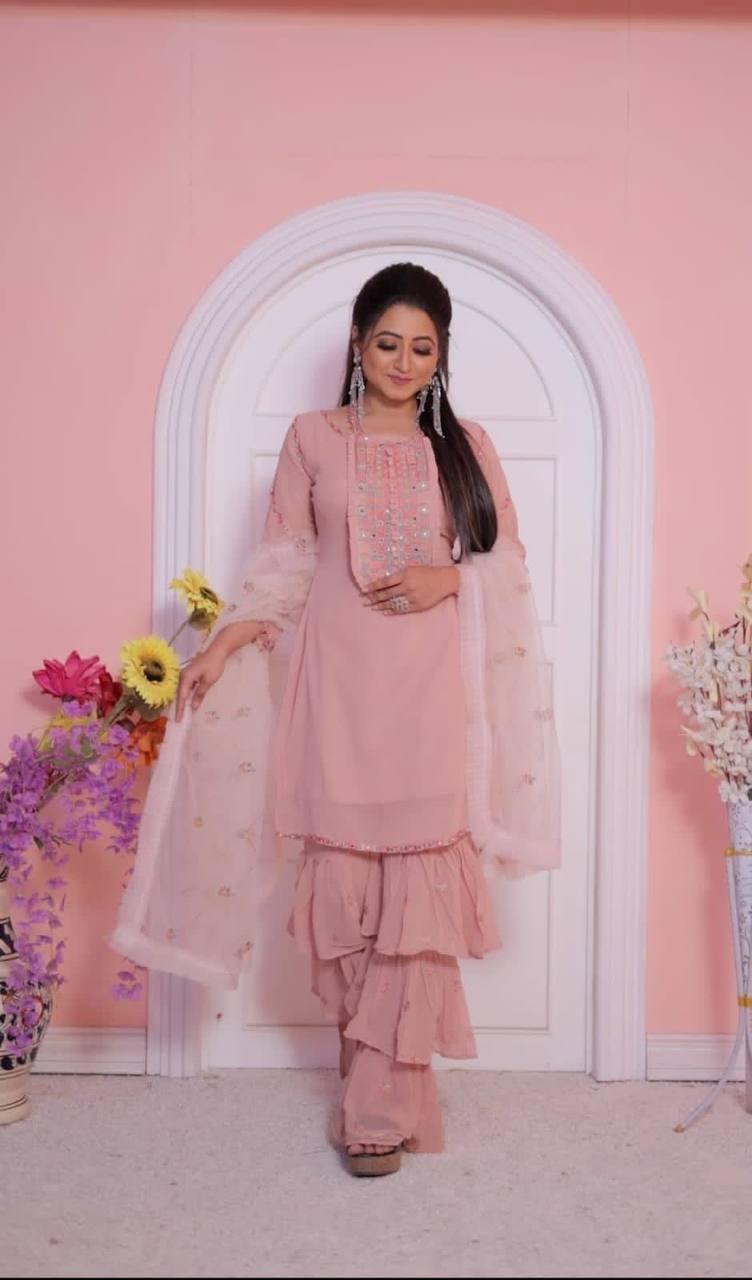 Baby Pink Georgette Embroidery Anarkali With Dupatta Set - Indiakreations