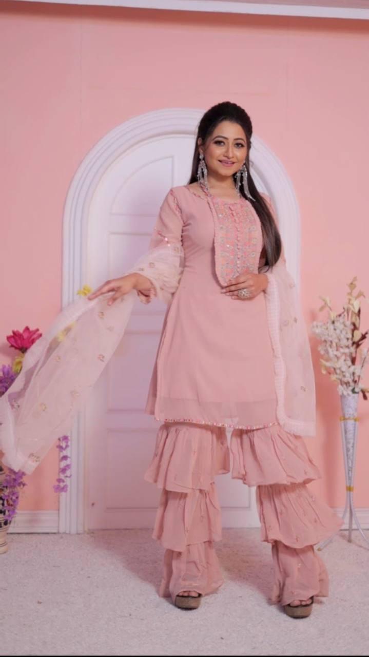 Baby Pink Georgette Embroidery Anarkali With Dupatta Set - Indiakreations