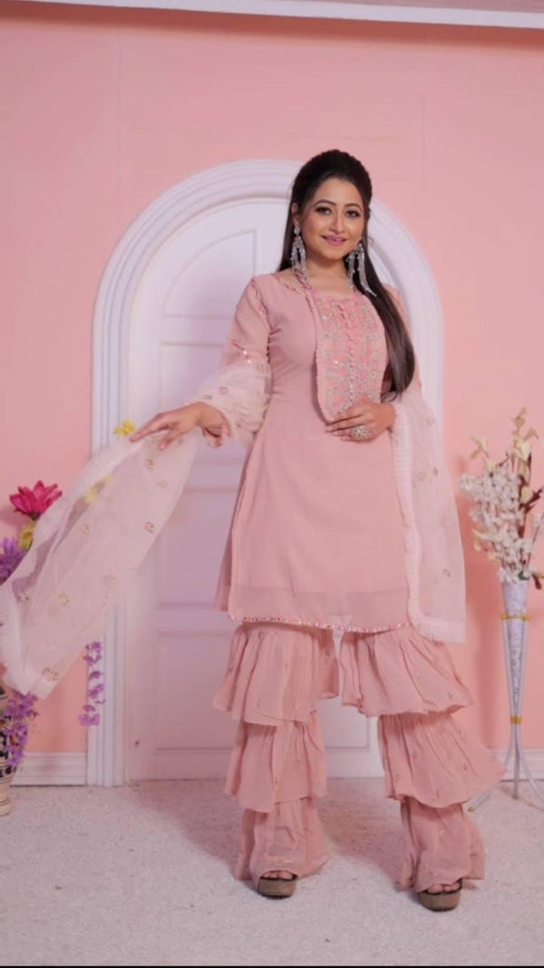 Baby Pink Georgette Embroidery Anarkali With Dupatta Set - Indiakreations