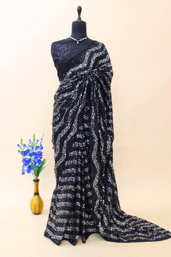 Deep Blue Georgette All Over Luxury Sequins Saree - Indiakreations