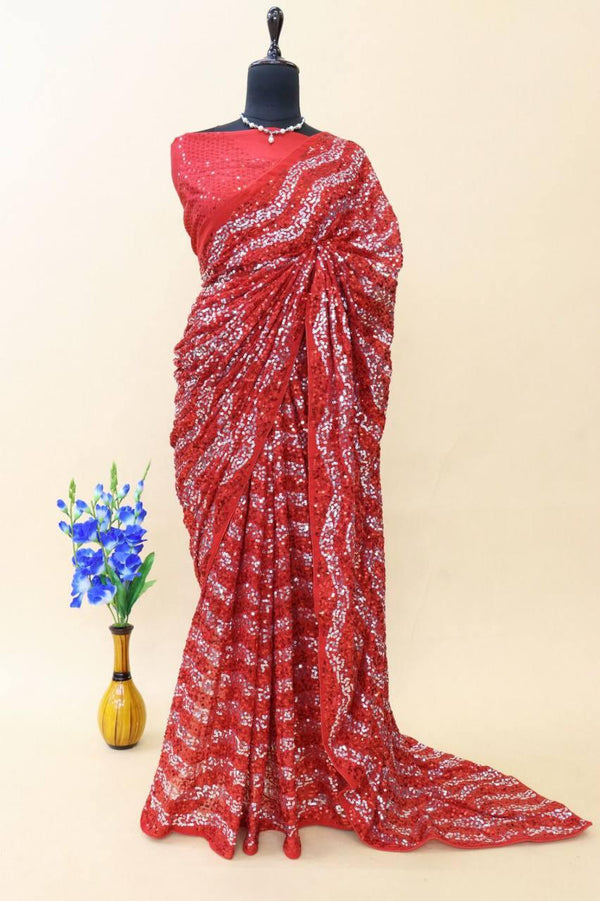 Red Georgette All Over Luxury Sequins Saree - Indiakreations