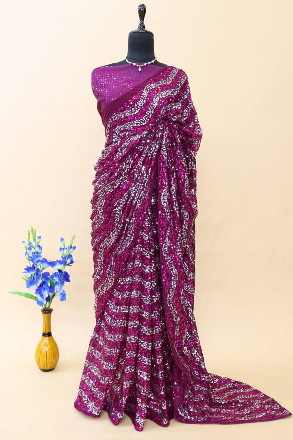 Wine Georgette All Over Luxury Sequins Saree - Indiakreations