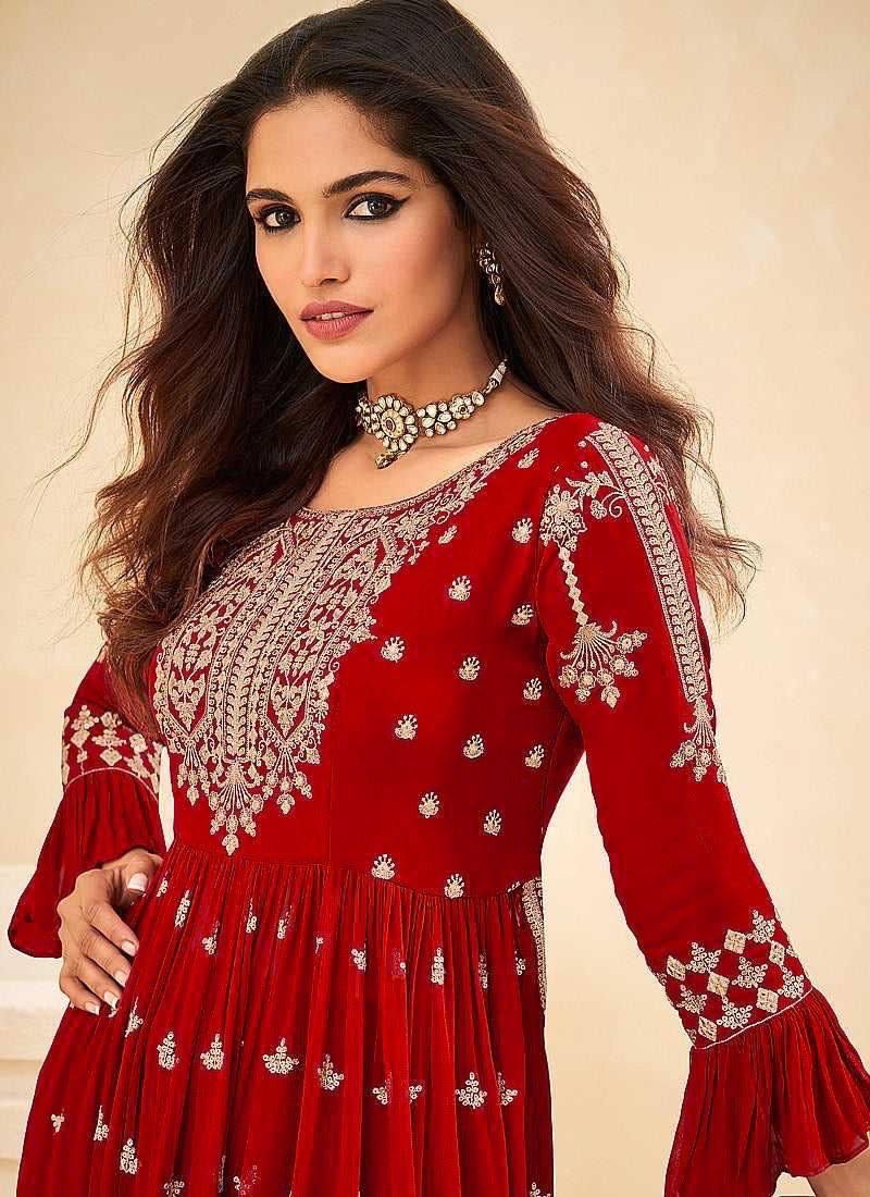 Red Georgette Embroidery Salwar Suit with Dupatta - Indiakreations