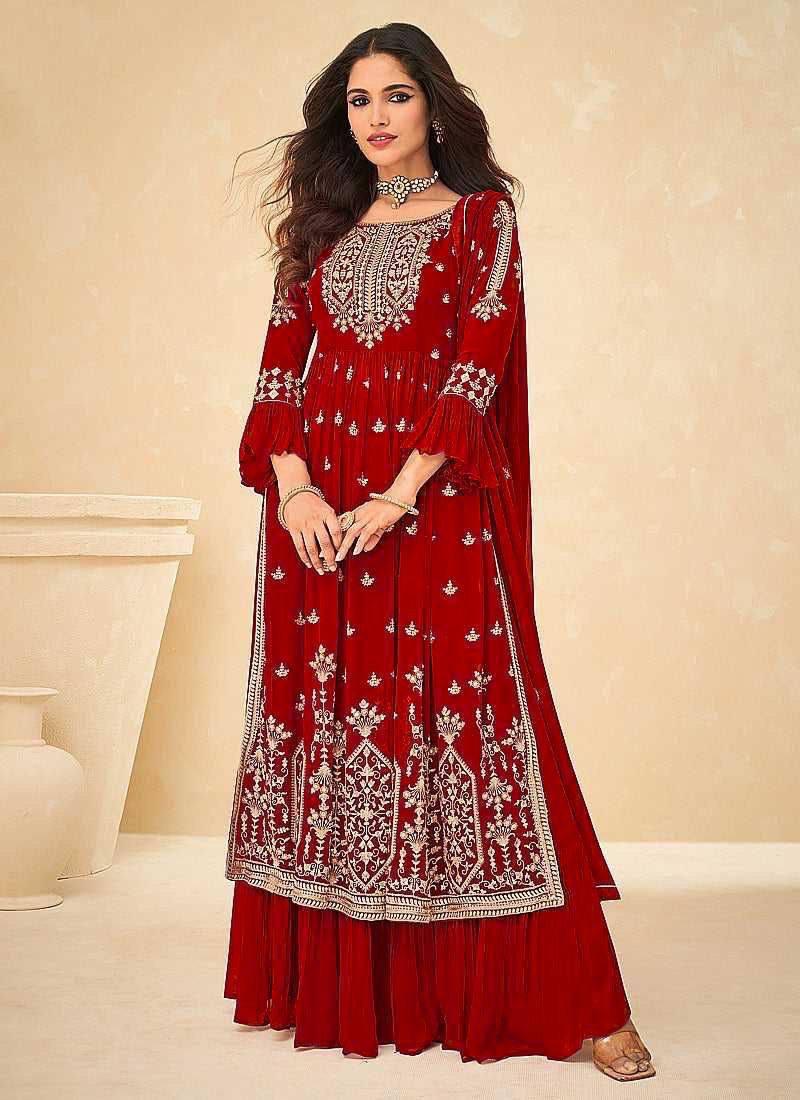 Red Georgette Embroidery Salwar Suit with Dupatta - Indiakreations