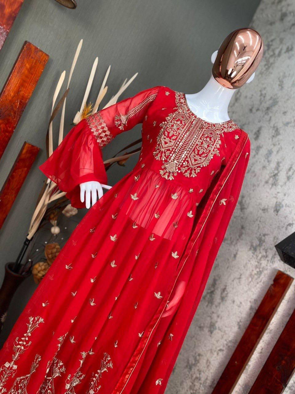 Red Georgette Embroidery Salwar Suit with Dupatta - Indiakreations