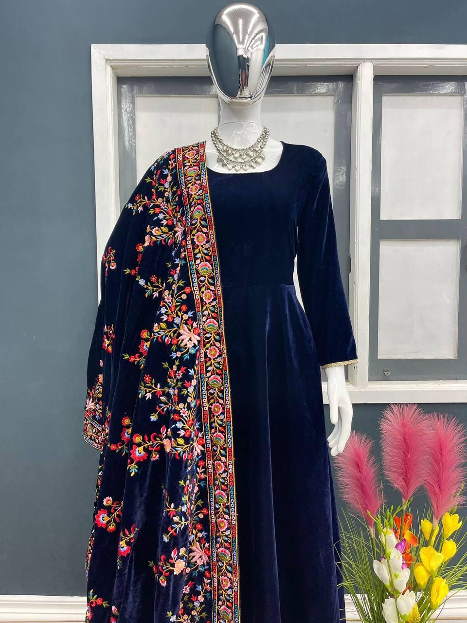 Blue Velvet Embroidery Salwar Suit with Dupatta - Indiakreations