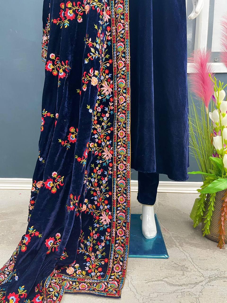 Blue Velvet Embroidery Salwar Suit with Dupatta - Indiakreations