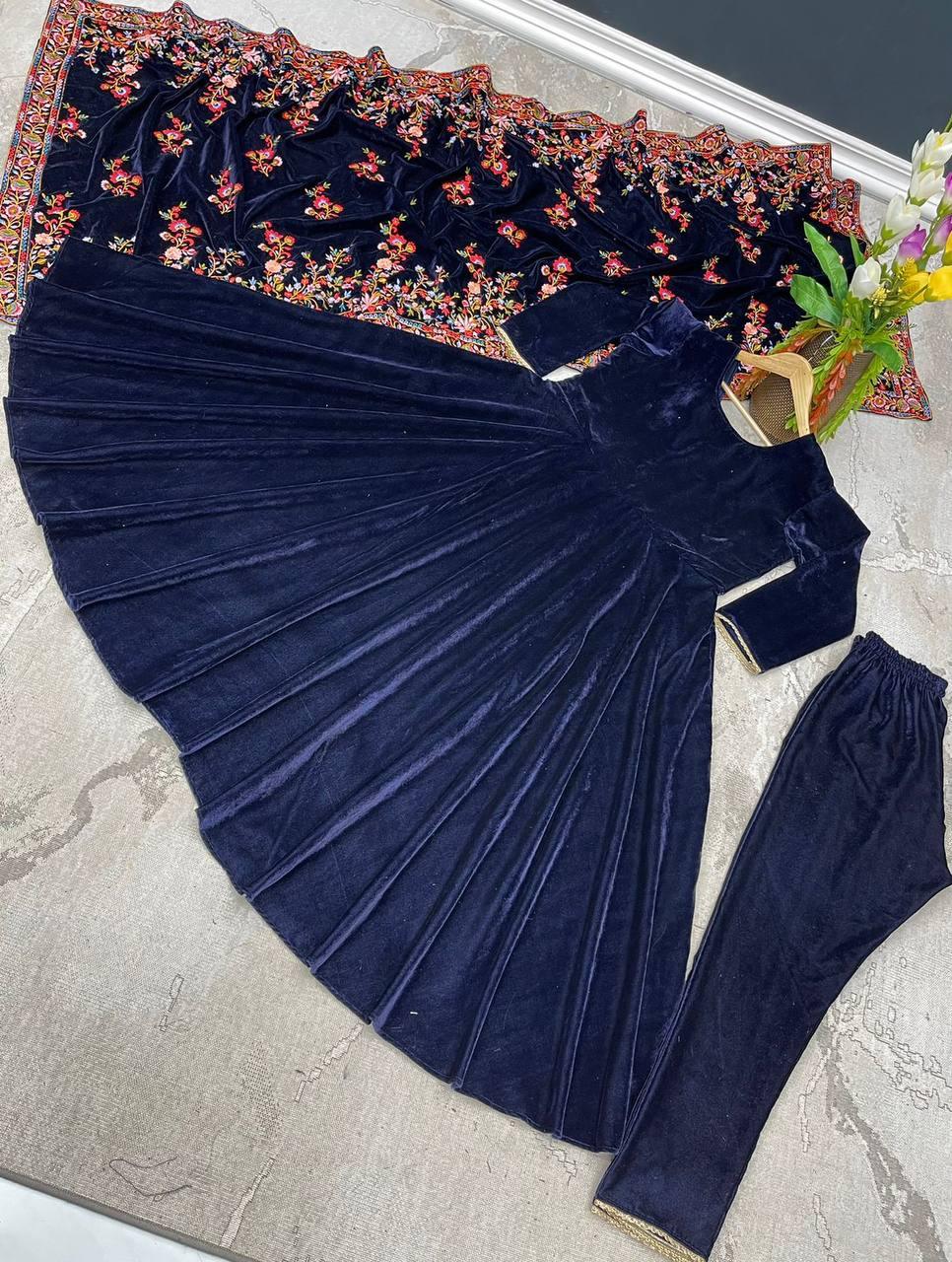 Blue Velvet Embroidery Salwar Suit with Dupatta - Indiakreations