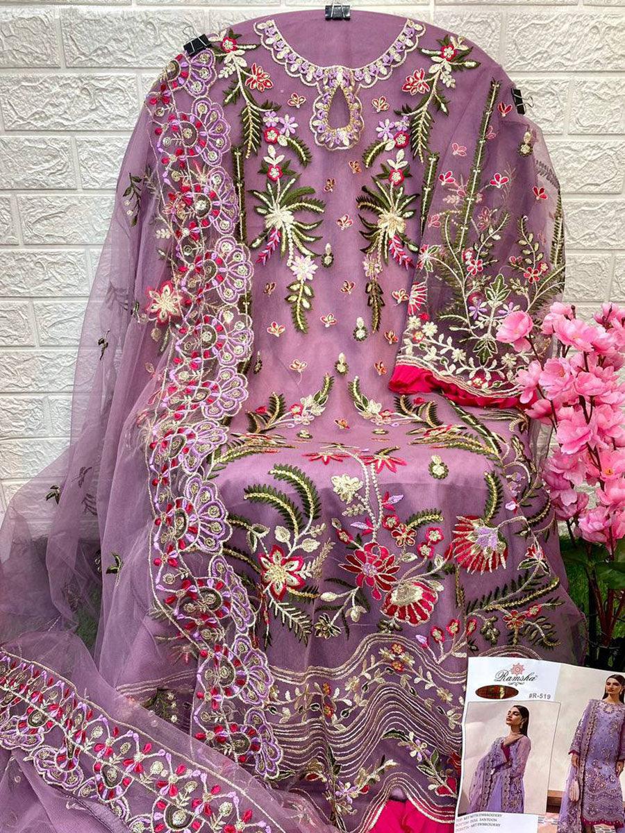 Mauve Purple Net Embroidery Anarkali with Dupatta Set - Indiakreations