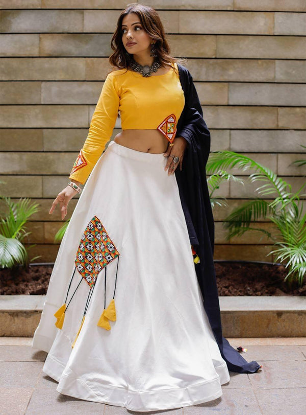 Yellow And White Cotton Embroidery Lehenga Choli - Indiakreations