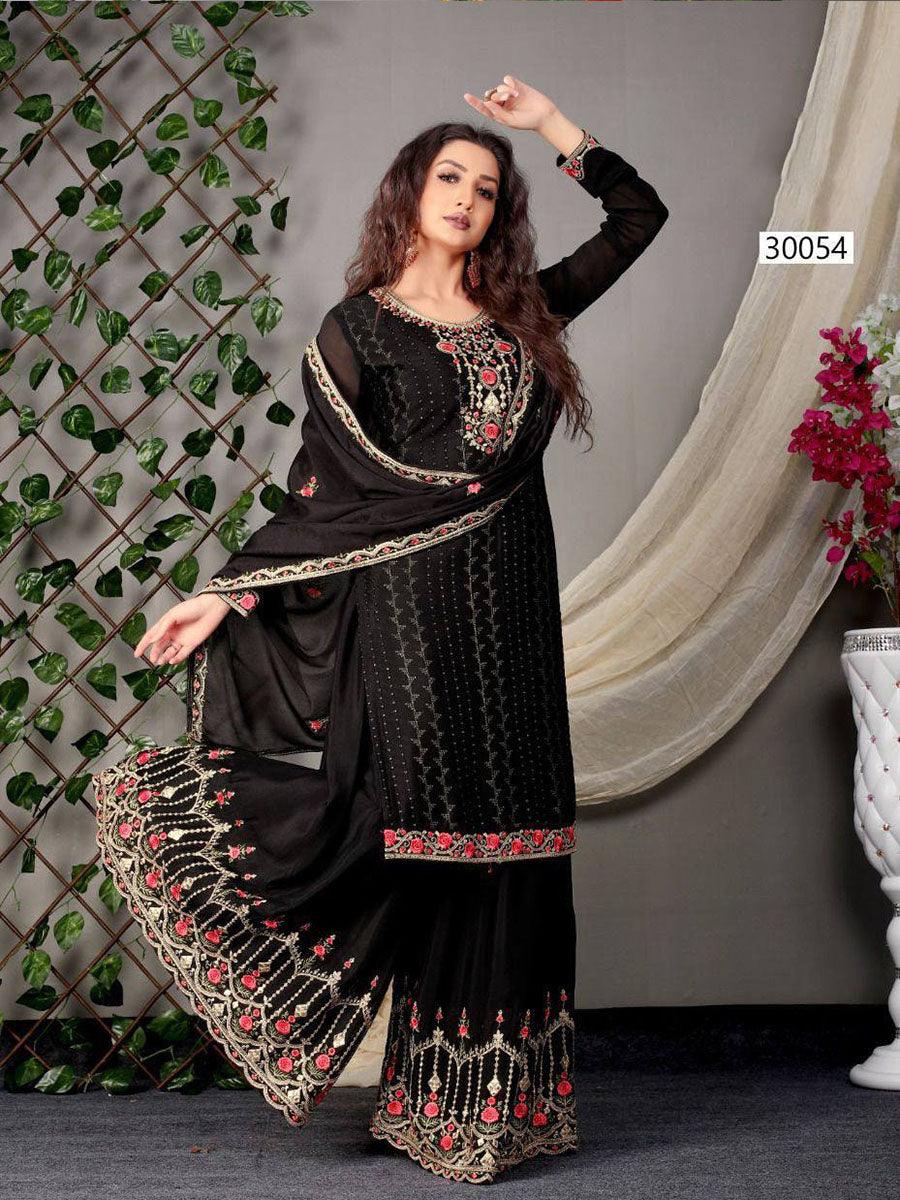 Black Chinon Anarkali with Dupatta Set - Indiakreations