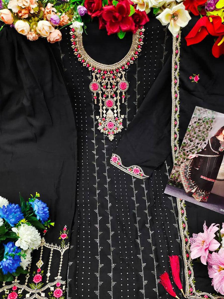 Black Chinon Anarkali with Dupatta Set - Indiakreations