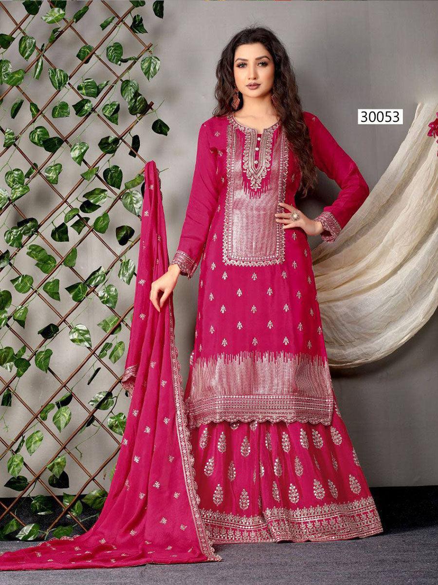 Dark Pink Chinon Anarkali with Dupatta Set - Indiakreations